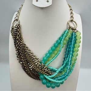 St. Thomas Multi Strand Beaded & Chain Statement Necklace Teal Green